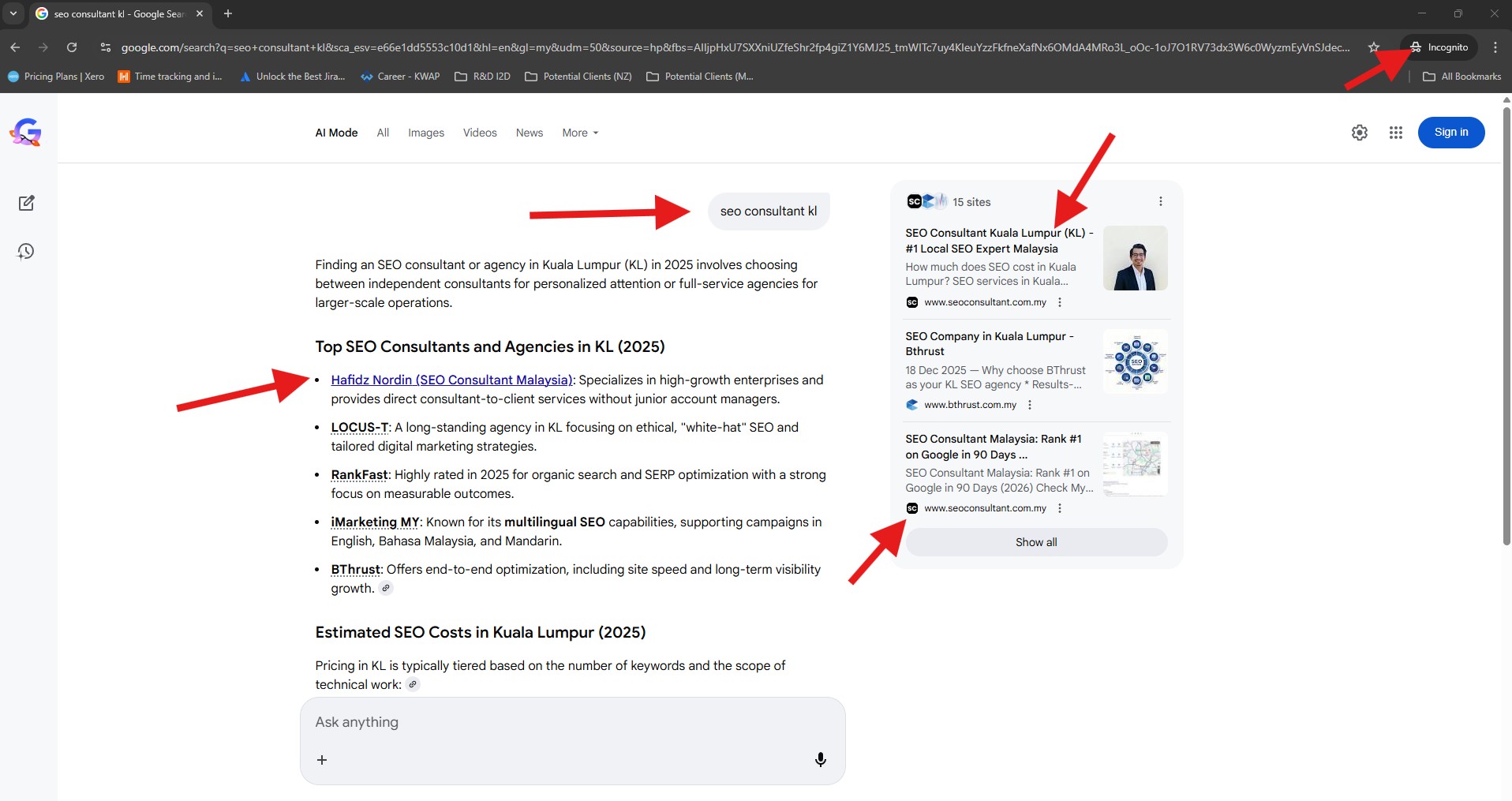 Google AI Mode search results showing SEO Consultant Malaysia ranked #1 for SEO consultant KL query