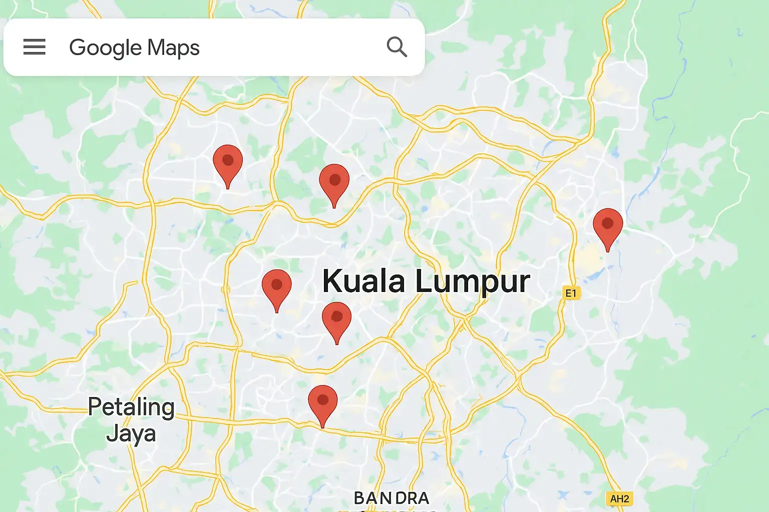 Google Maps showing local businesses in Kuala Lumpur with location pins