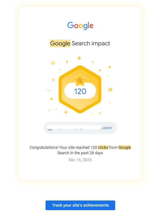 Google Search Impact notification showing 120 clicks from Google Search in 28 days for ISO consultant website - official Google validation of SEO success