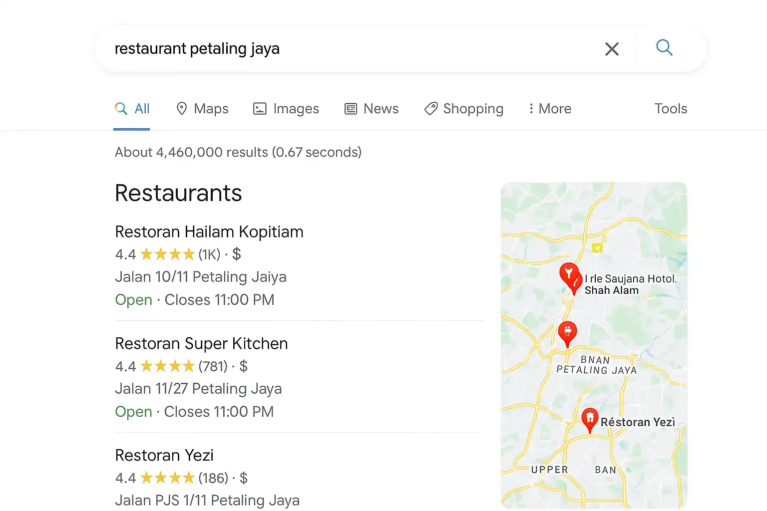 Google local pack results for restaurant search in Petaling Jaya