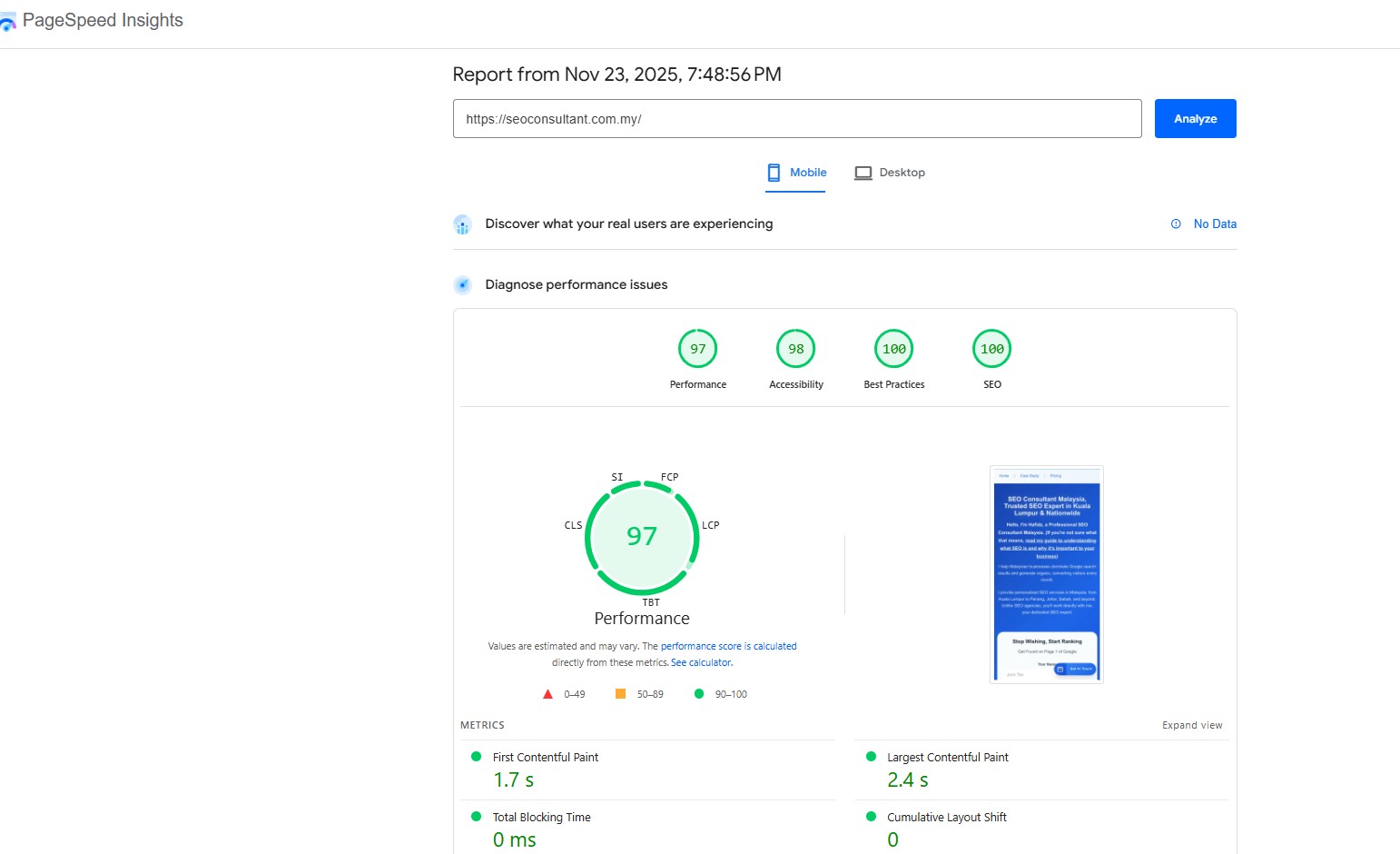 PageSpeed Insights showing perfect 100/100 scores for Performance, Accessibility, Best Practices, and SEO on mobile
